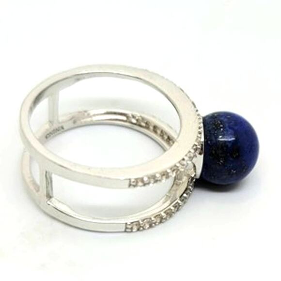 New Lapis Lazuli Round Bead Set Negative Space Diamond Simulant Ring Sz 9.5 - Picture 2 of 4